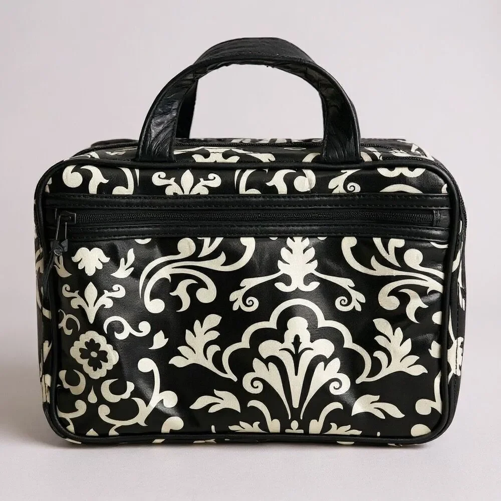 Elegant Noir Floral Cosmetic Organizer – Multi-Pocket Travel Case